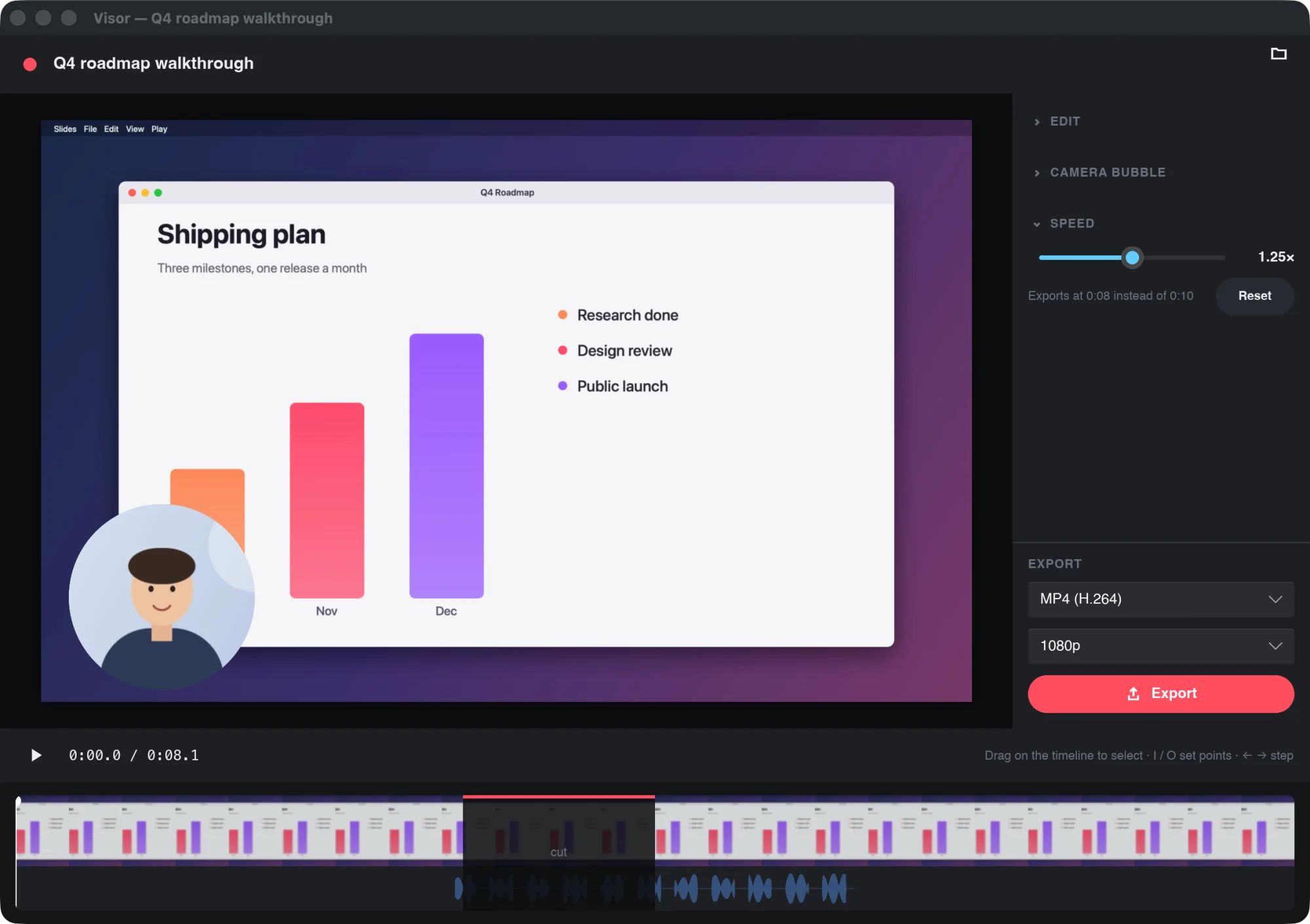 The Visor editor: a recording with a camera bubble, a cut on the timeline, the speed set to 1.25× and export options.